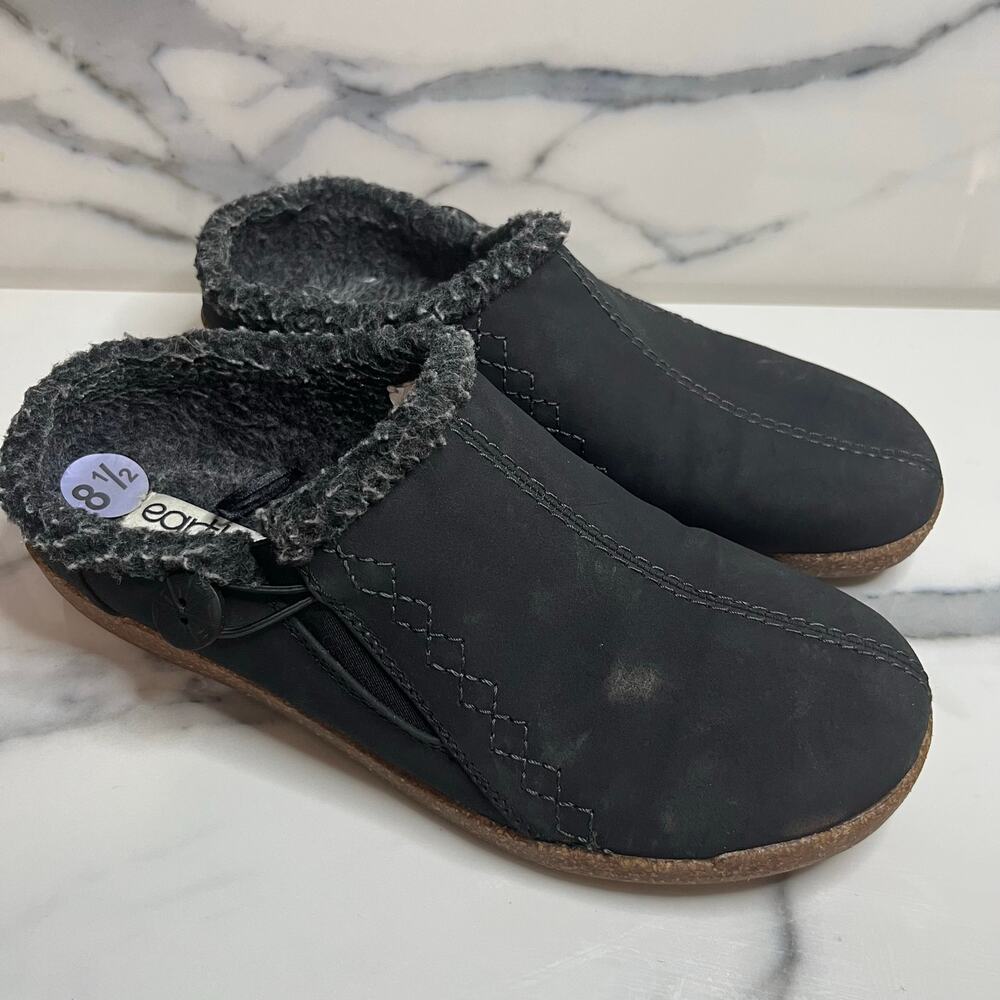 Earth Origins Janae Clogs Mules Sz 8.5 Black Cork Faux Fur Comfort Casual Nature
